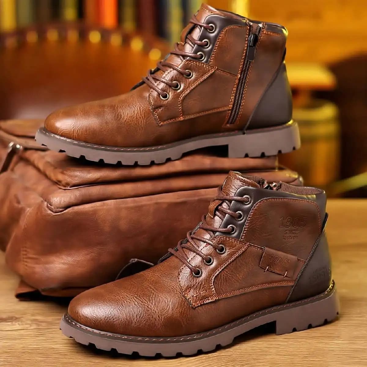 QRLQRL Men Boots High Quality Handmade Leather Boot Retro Side Zip Suitable for daily travel