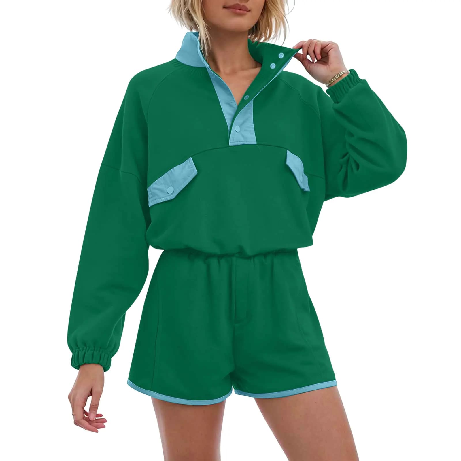 Color Block Top with Shorts Athletic Sweat Shorts Set Activewear 2 Piece Outfits Pullover Sweatshirt Shorts Women's Streetwear
