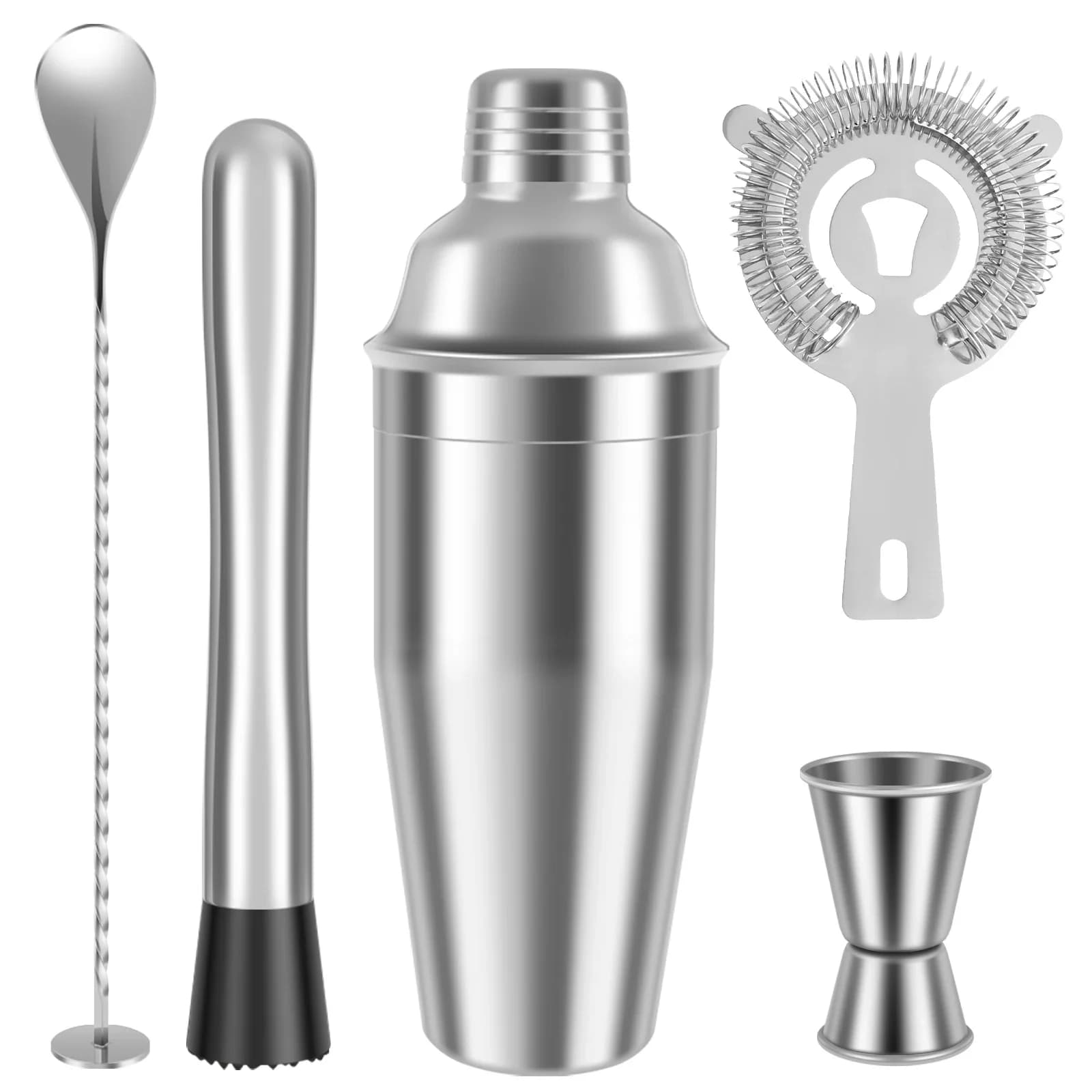 Set da 5 Pezzi per Cocktail con Shaker in Acciaio Inox da 18 Oz, Set per Preparazione Cocktail Riutilizzabile con Colino per Ghiaccio