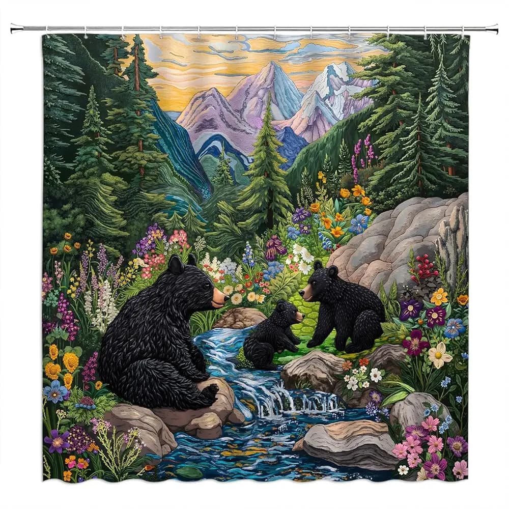 Waterproof Bear Family Forest Landscape Shower Curtain Floral Mountain Nature Bathroom Decor Print Large Size 180x180cm