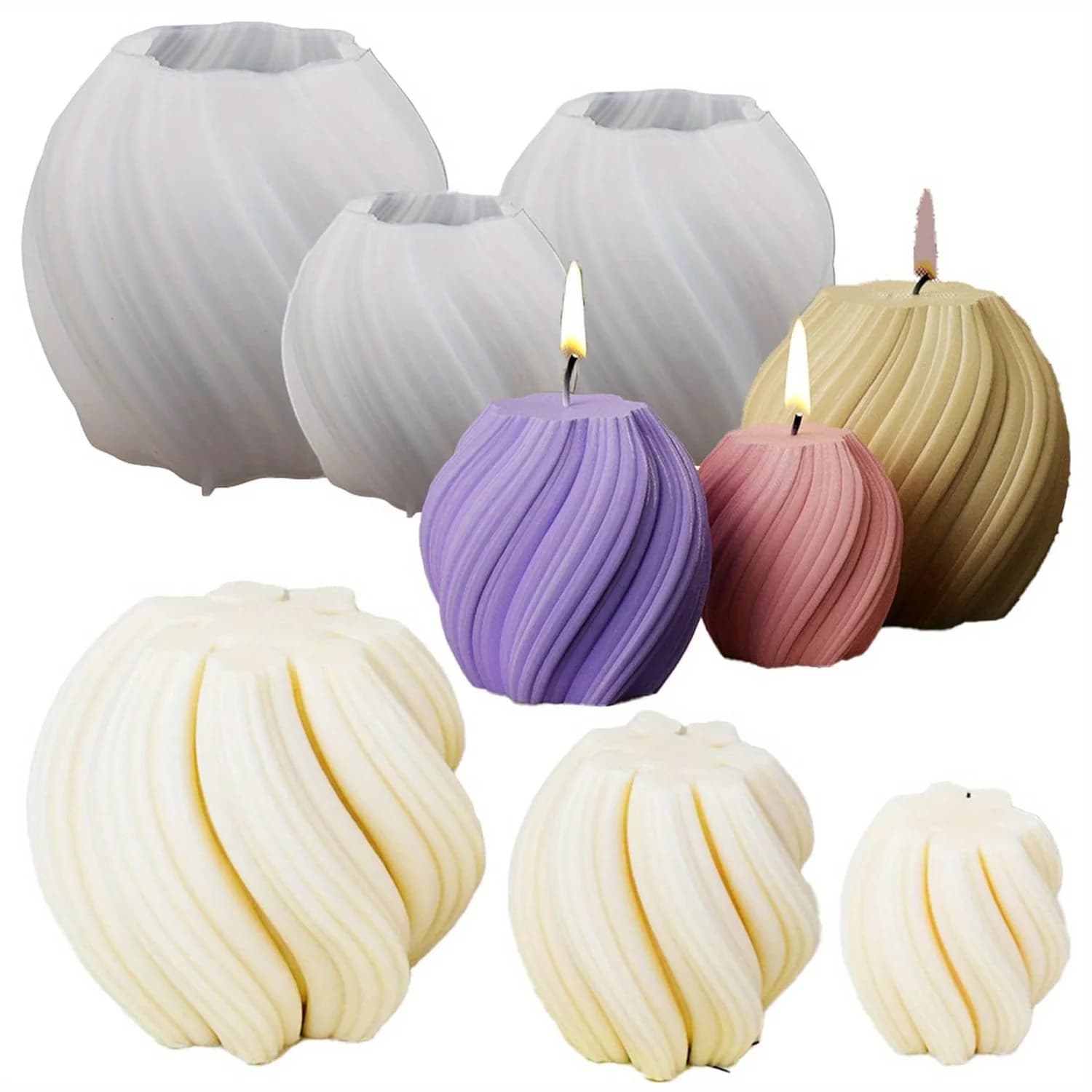 3 Pack Wave Candle Molds - Multiple Size Ball, Spiral & Resin Casting Molds for Soap Making & Home Decor Silicone Candy Mould