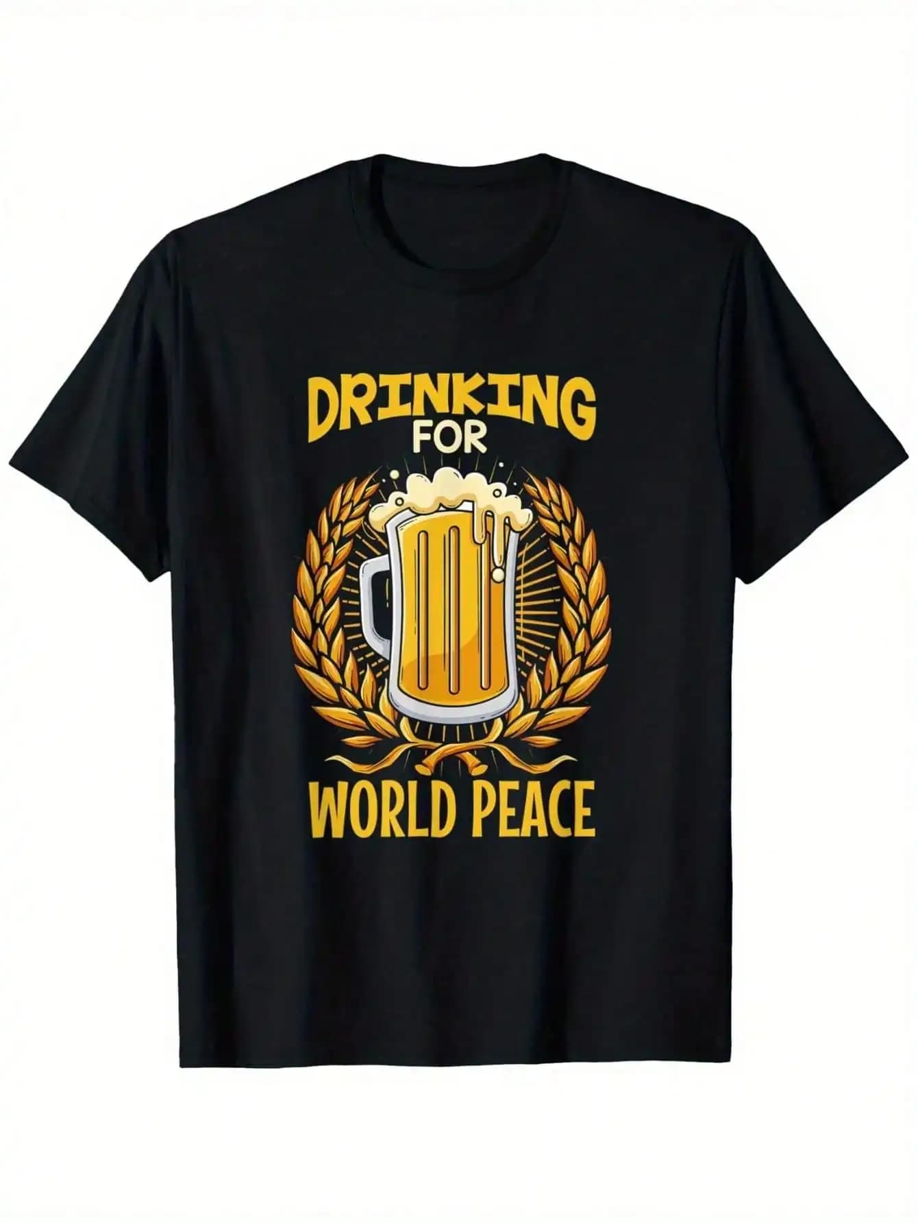 Maglietta grafica da uomo Drinking World Peace - Divertente design con tazza di birra, % cotone, girocollo casual e confortevole