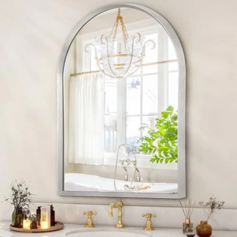 Specchio da Parete Arcuato, 26"x18", Specchio ad Arco con Cornice in Metallo, Specchio da Bagno, Specchio da Toeletta Arcuato per Soggiorno, Camera da Letto, Caminetto, Ingresso