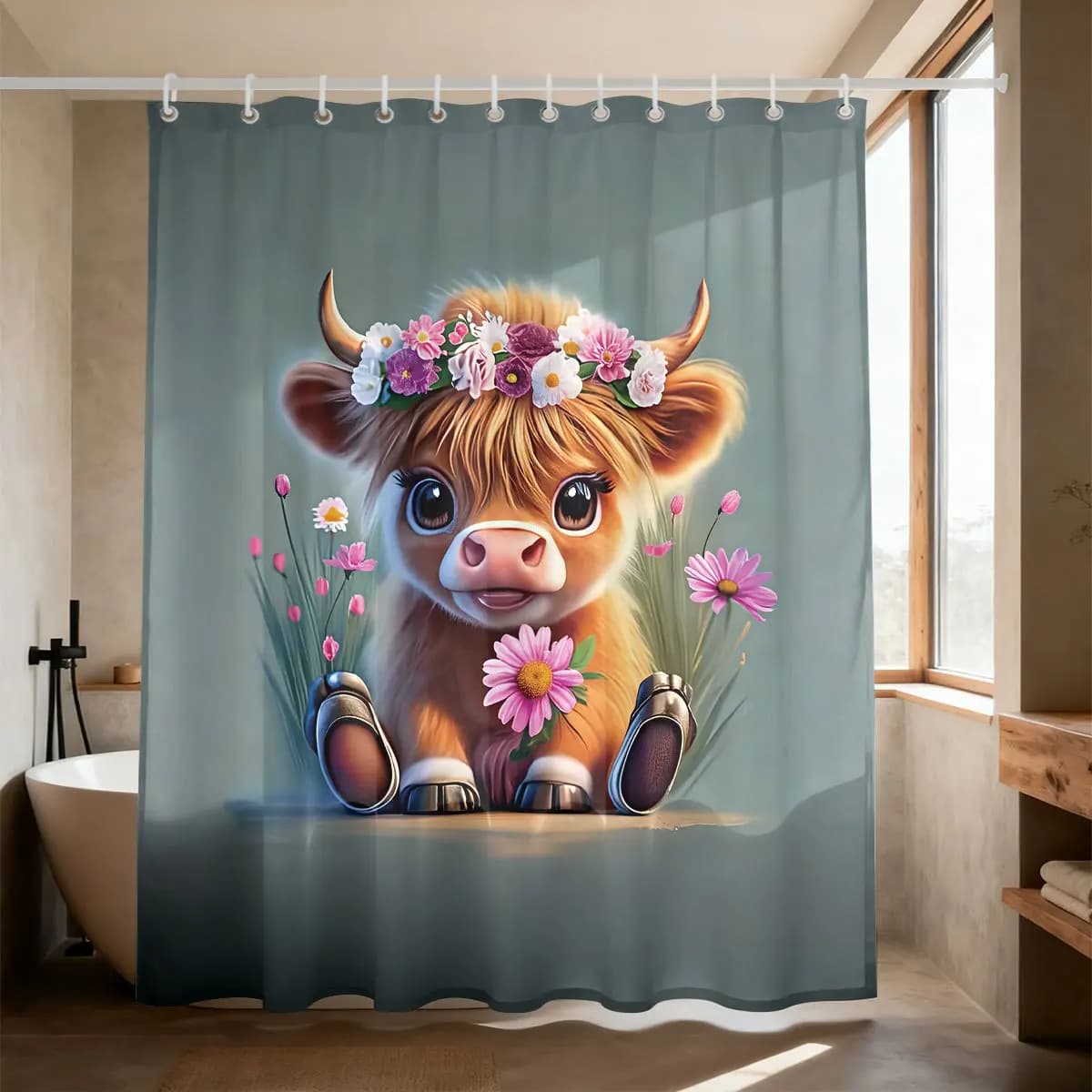 Lovely Floral Baby Highland Cow Shower Curtain Polyester Digital Printed Cartoon Fluffy Calf With Colorful Flower Wreath Spring