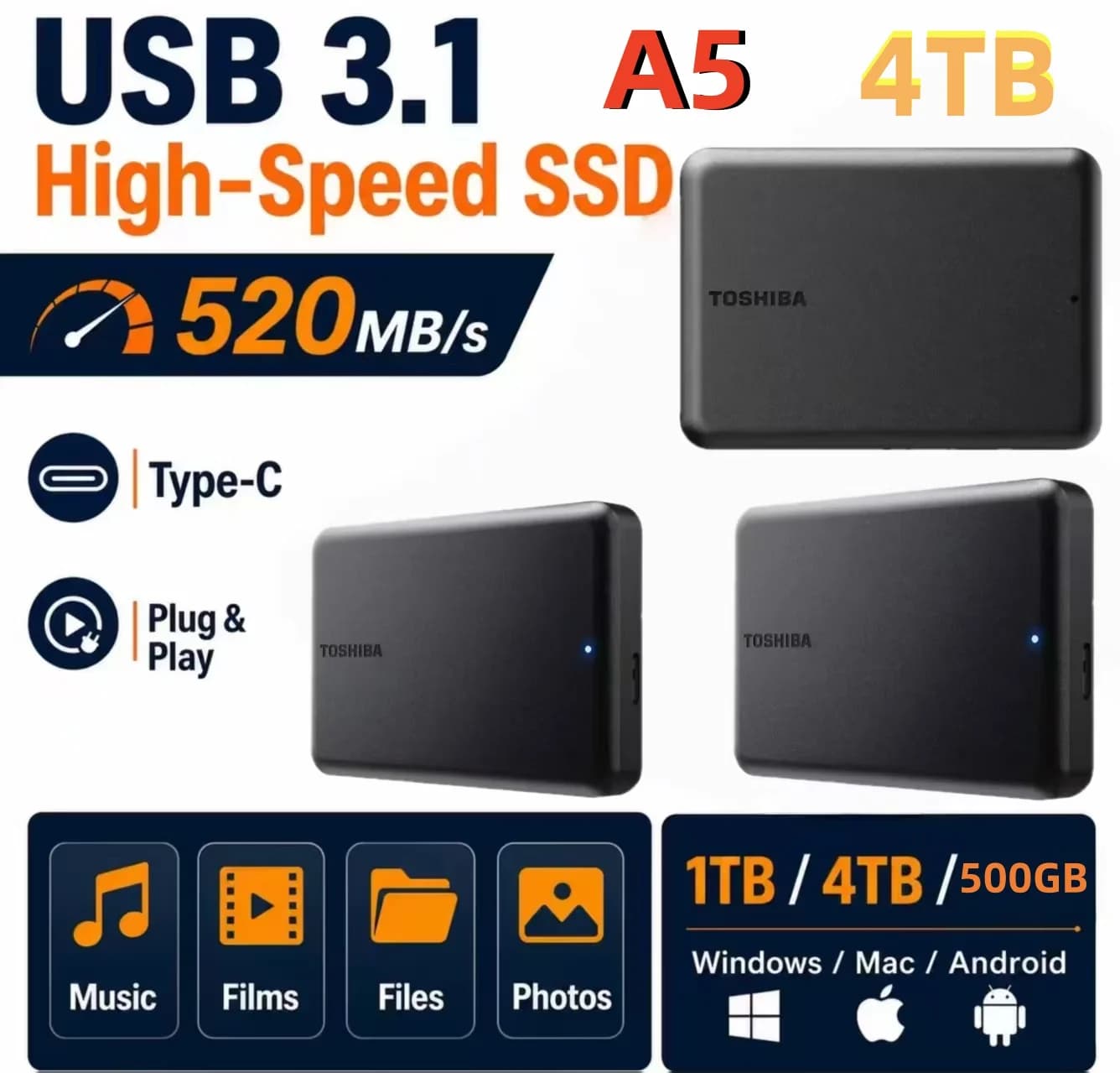 NUOVO Disco Rigido Esterno Portatile A3, Trasferimento Dati Veloce, 500GB 1TB USB 3.0, Disco Meccanico Mobile per PC, Laptop, Archiviazione Gaming