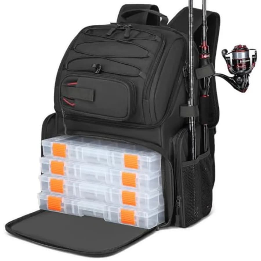 Zaino da Pesca con Scatole Porta Attrezzi, Borsa da Pesca 50L con Scomparto Termico e Portacanne, Borsa Impermeabile per Attrezzi da Pesca per Uomo