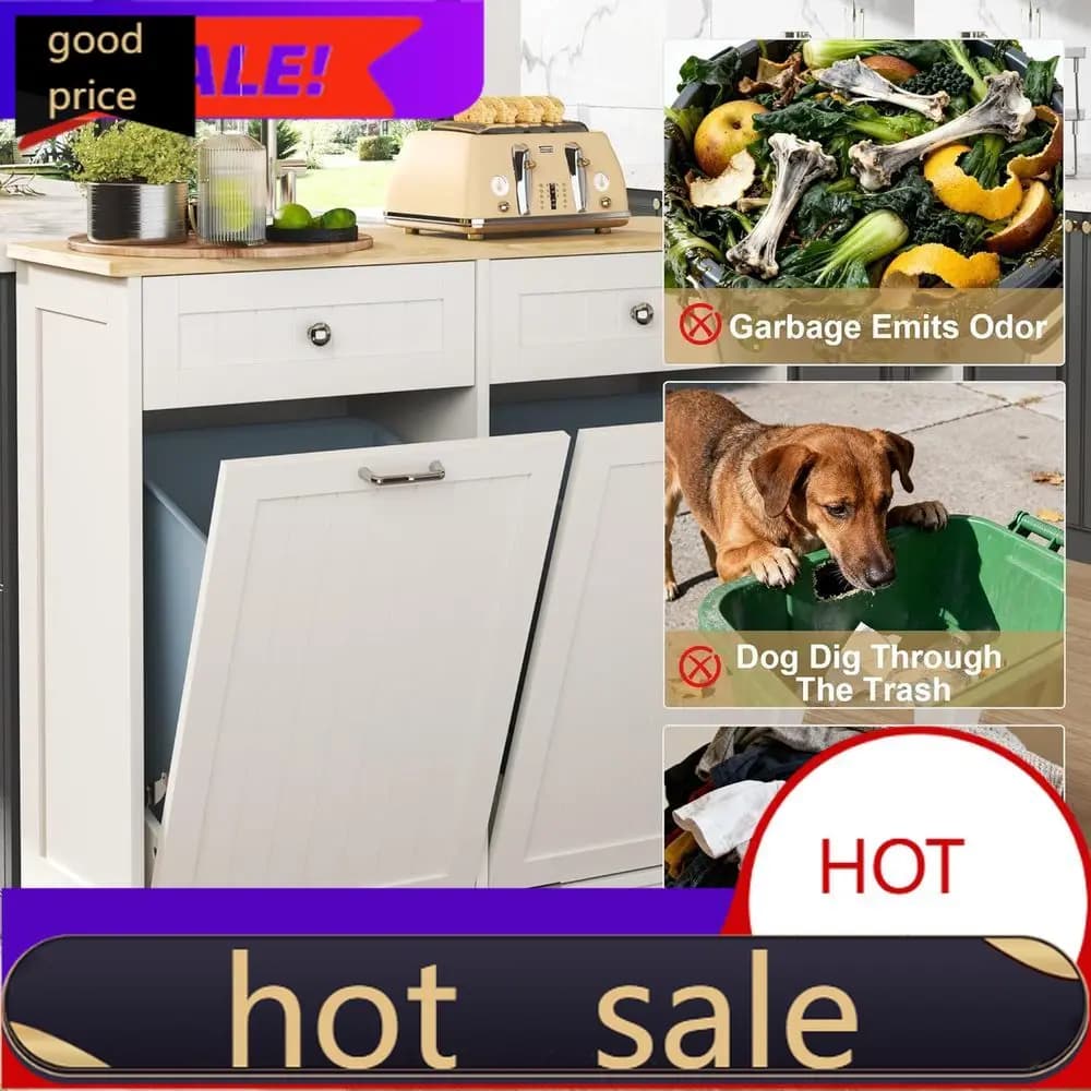 Mobiletto da cucina bianco in legno con doppio contenitore per rifiuti e riciclo, con supporto a scomparsa - Prezzo promozionale