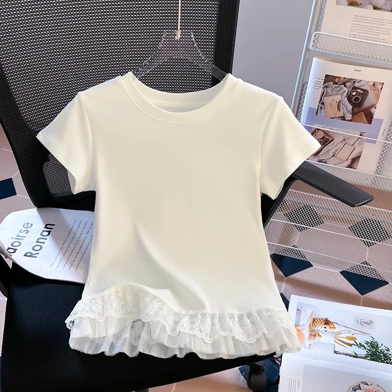 Korean Style round Neck Short Sleeve T-Shirt Women's Summer New Pure Desire Lace Hemline Inner Wear Base Shirt Top