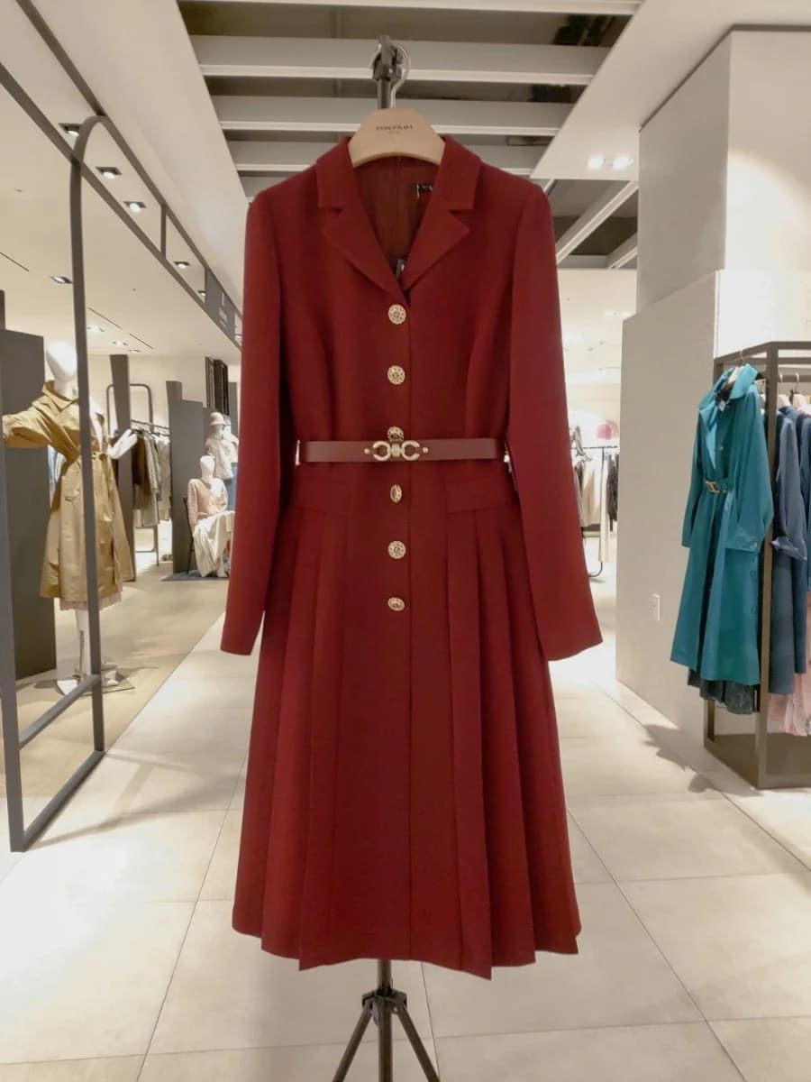 Elegante Abito a Maniche Lunghe con Cintura, Vestito Midi Aderente, Stile Autunnale per il Pendolarismo Urbano, Nuovo Design alla Moda con Colletto Piccolo da Sarto