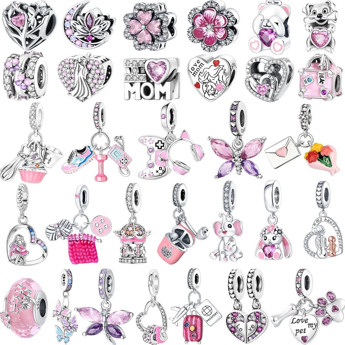Original 925 Sterling Silver Pink Charms Airplane Heart Butterfly Flower Beads Pendants Fit Bracelet Necklace DIY Jewelry Gift