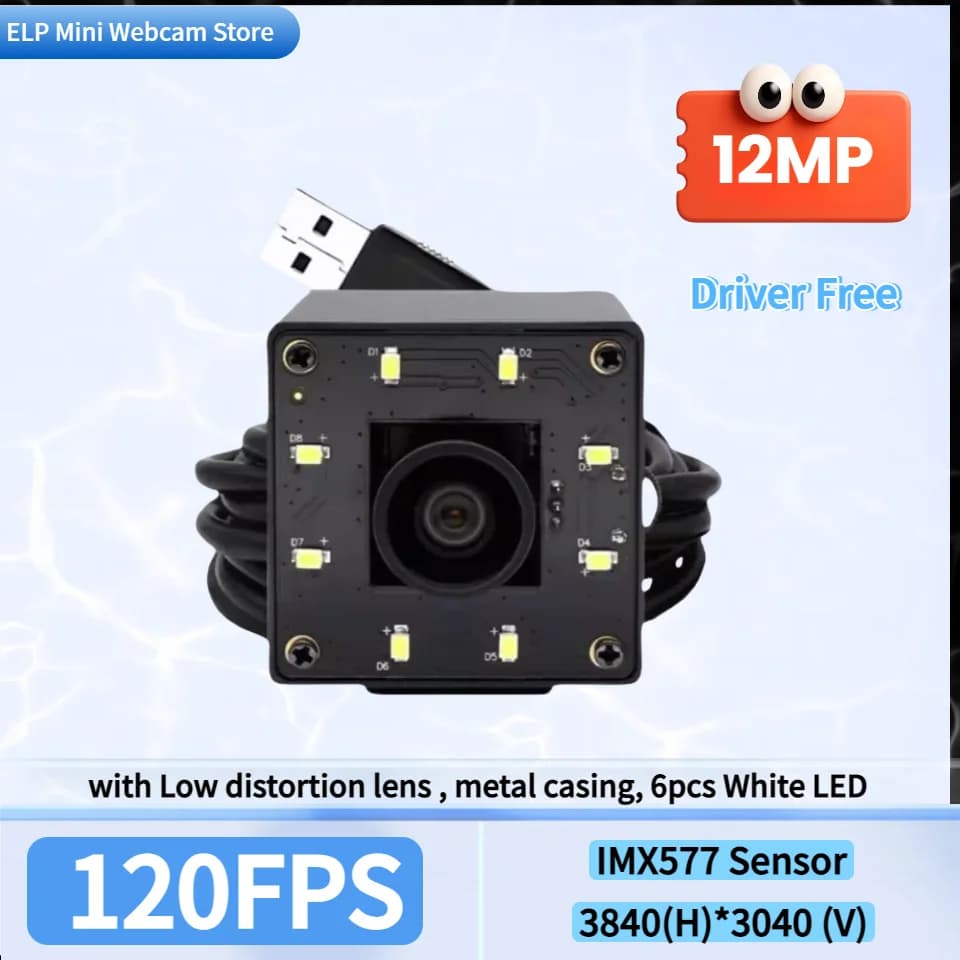 ELP 12MP High Speed 1080P 120FPS Webcam Night Vision IMX577 Mini USB Camera White LED For security monitoring Video Conference