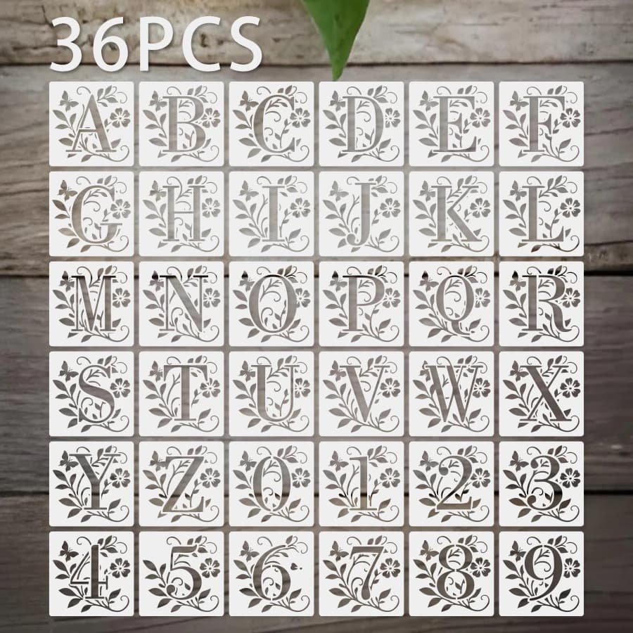 36PCS 3.94x3.94 inch Floral Alphabet and Number Stencil Set, Reusable PET Templates for Scrapbooking, Journals, Card Making and