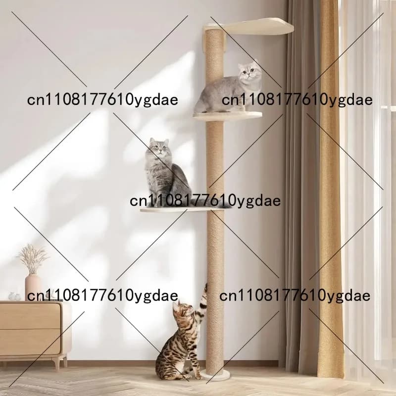 Torre per Gatti in Legno Regolabile da Pavimento a Soffitto, Altezza Regolabile con Palo per Arrampicata