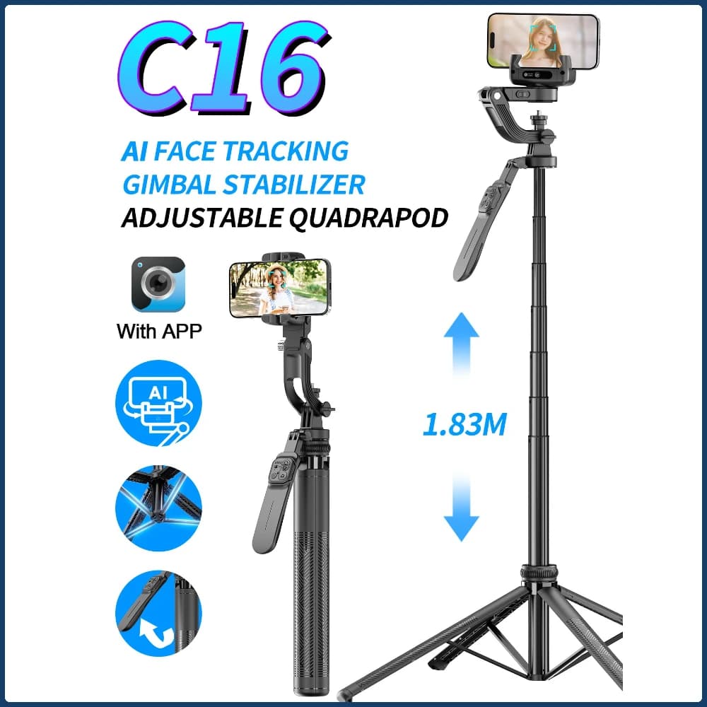 Portable cardanic stabilizer C16 360 ° Tripod for selfie stick with rotation for phone Monitoring AI quadrupede for action camera smartphone
