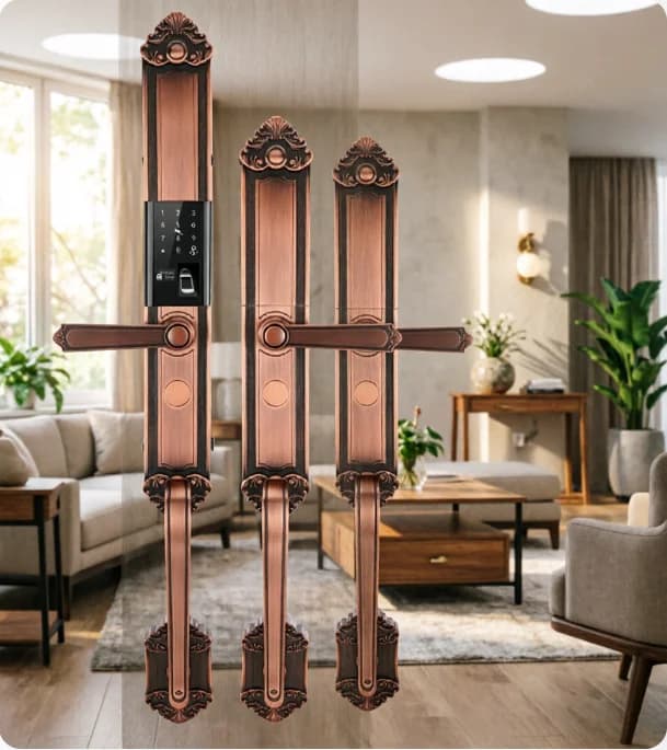 Luxury Red Bronze Smart Door Lock With Password Fingerprint Card Mechanical Key App Remote Unlocking Secure Modern Home