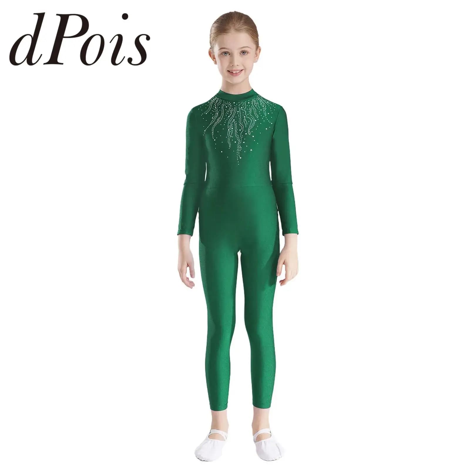 Tuta da ginnastica per adolescenti Bambini Ragazze Strass Body Buco della serratura sul retro Manica lunga Body da ballo Pattinaggio di figura Unitard Dancewear
