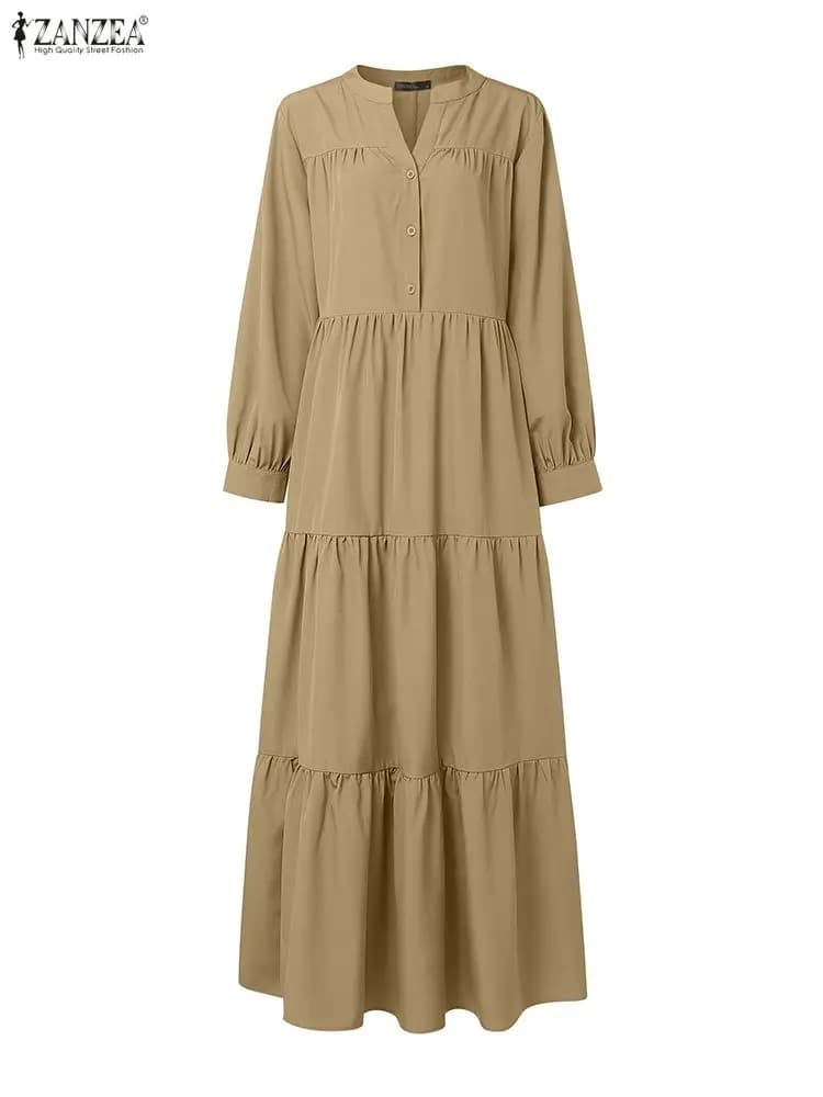 Donna Autunno Causale Abiti lunghi Manica lunga Scollo a V Mezze bottoni Tinta unita A-Line Abito maxi a strati ZANZEA Abbigliamento donna S-3XL
