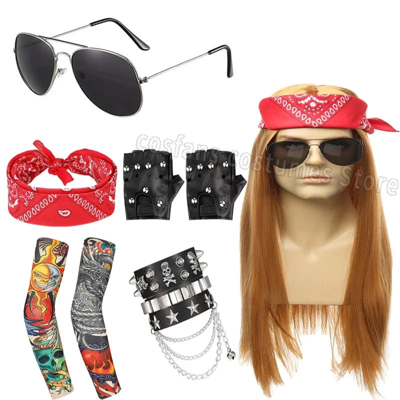 Costume da bilanciere sintetico Parrucca in metallo pesante Uomo donna Parrucca hippie con occhiali da sole Bandana Guanti punk Maniche per tatuaggi per giochi di parole anni '80