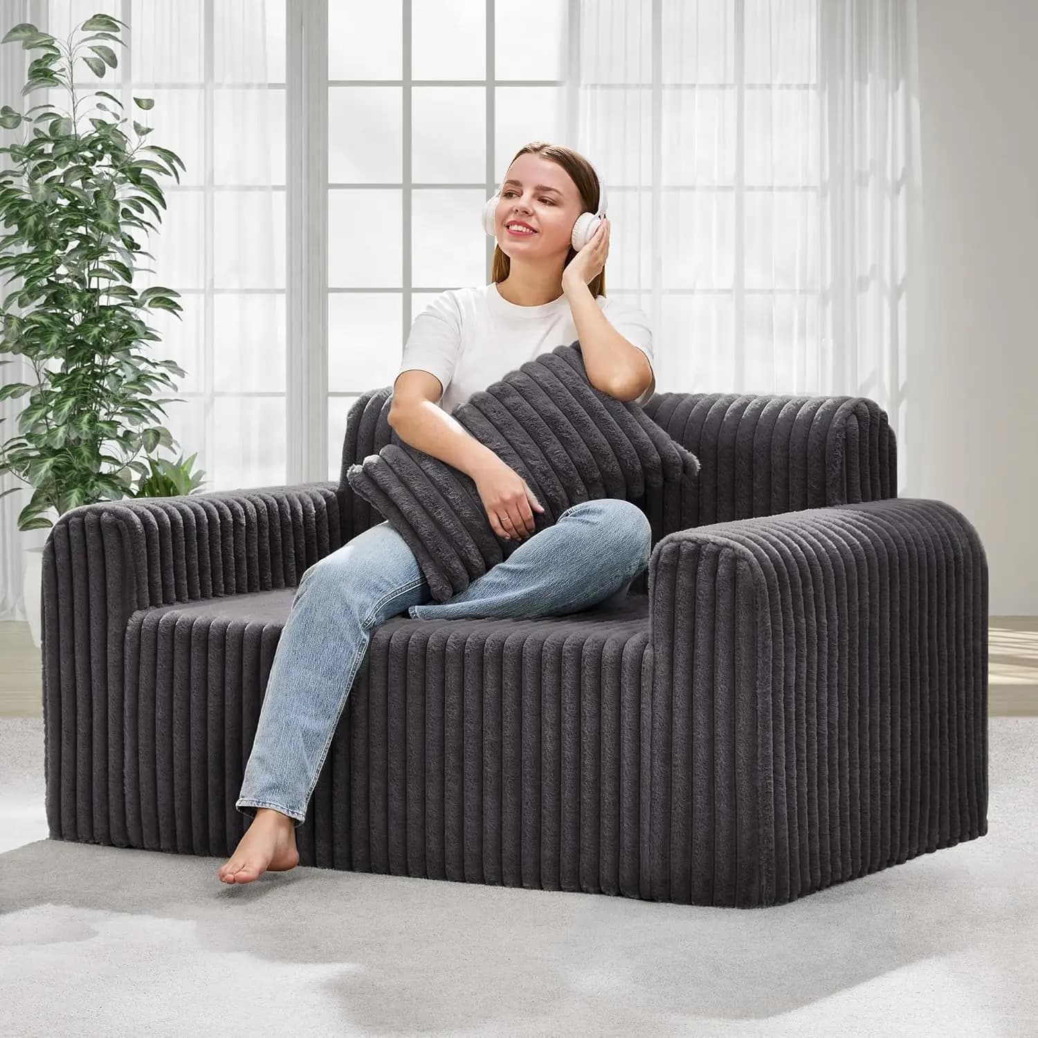 2 Seat Sofa in Foam with Removable Peloso Coating and Pillows for Resting Spaces, Dark Grey
