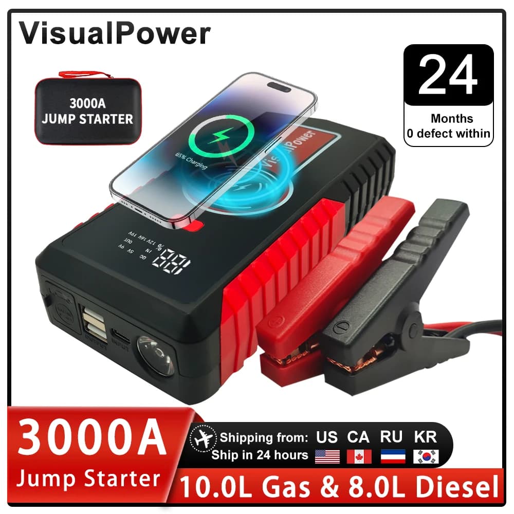 Avviatore di Emergenza per Auto 3000A, Power Bank Portatile, Dispositivo di Avviamento per Motori fino a 10.0L/8.0L, Caricabatterie Wireless 2024
