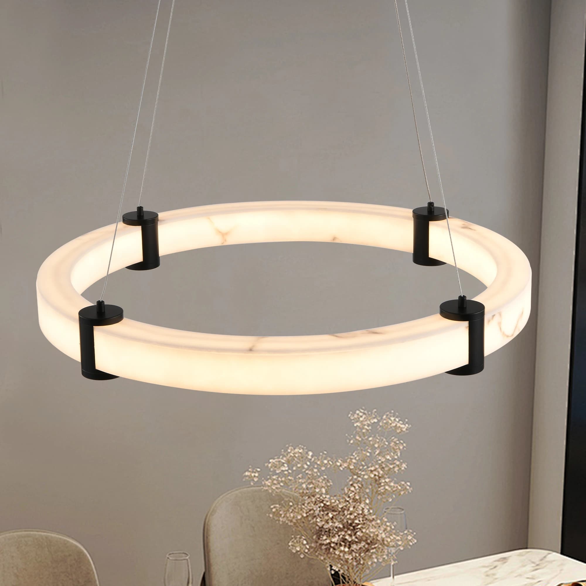 Lampadario a sospensione a LED rotondo da 23,6 pollici - Altezza regolabile - Anello in resina con finitura in finto marmo - Soffitto dimmerabile