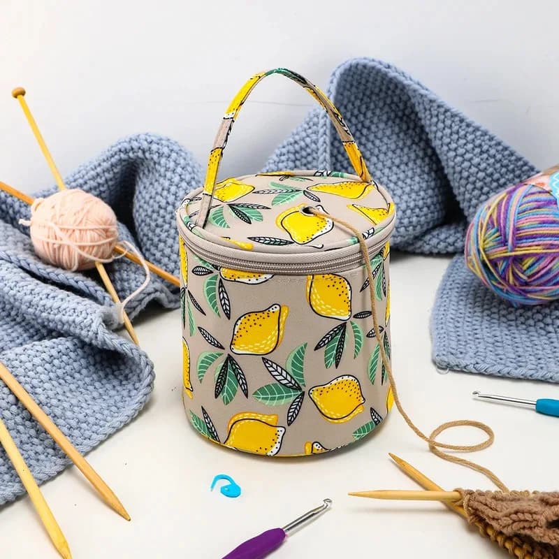Set di borse portaoggetti compatte, borsa in lana lavorata a maglia giallo limone, organizer da viaggio portatile, ganci portaoggetti e strumenti da cucito
