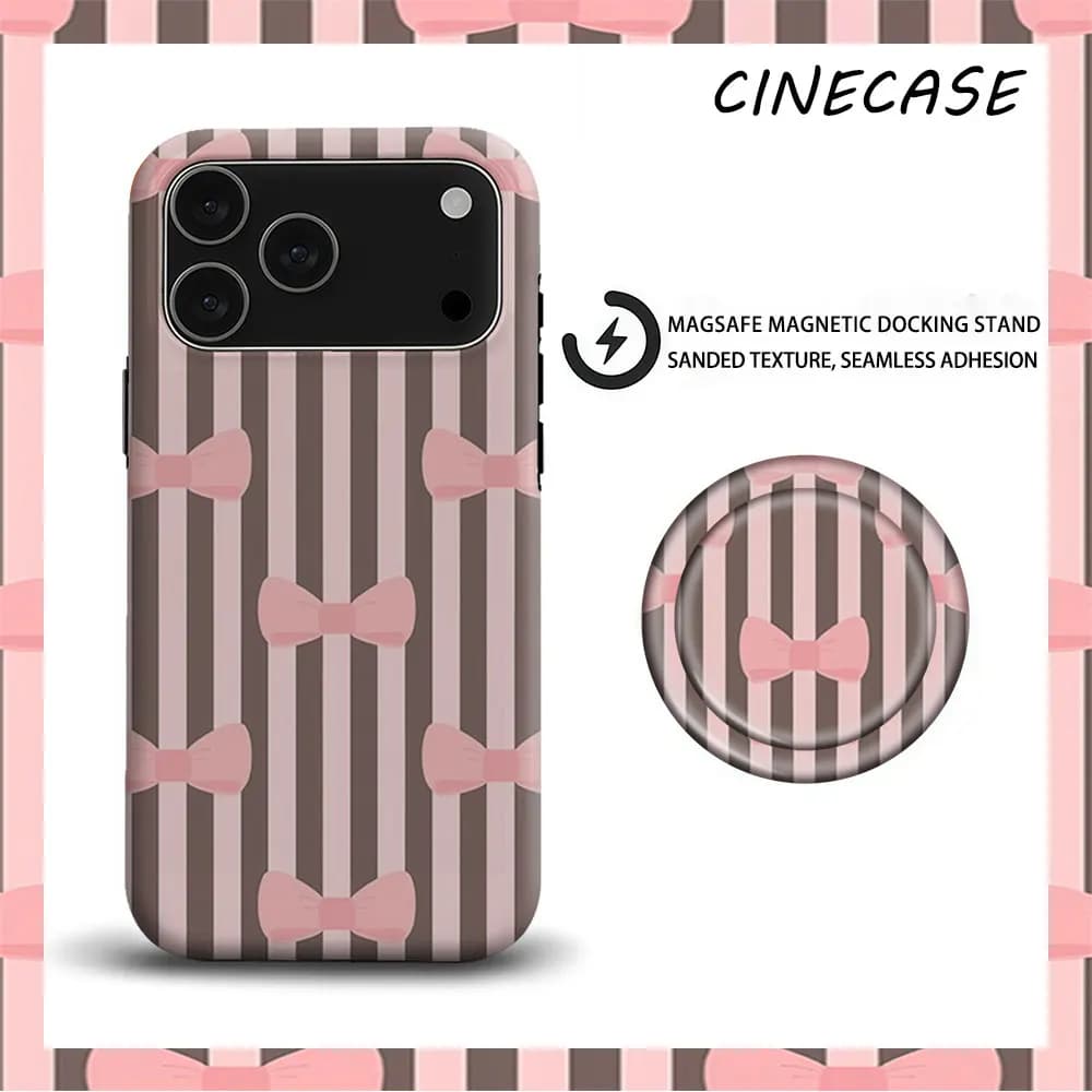 Custodia per telefono 2-in-1 opaca con strisce a fiocco per MagSafe, con grip PopSocket abbinato, per iPhone 17 16 15 14 13 Pro Max