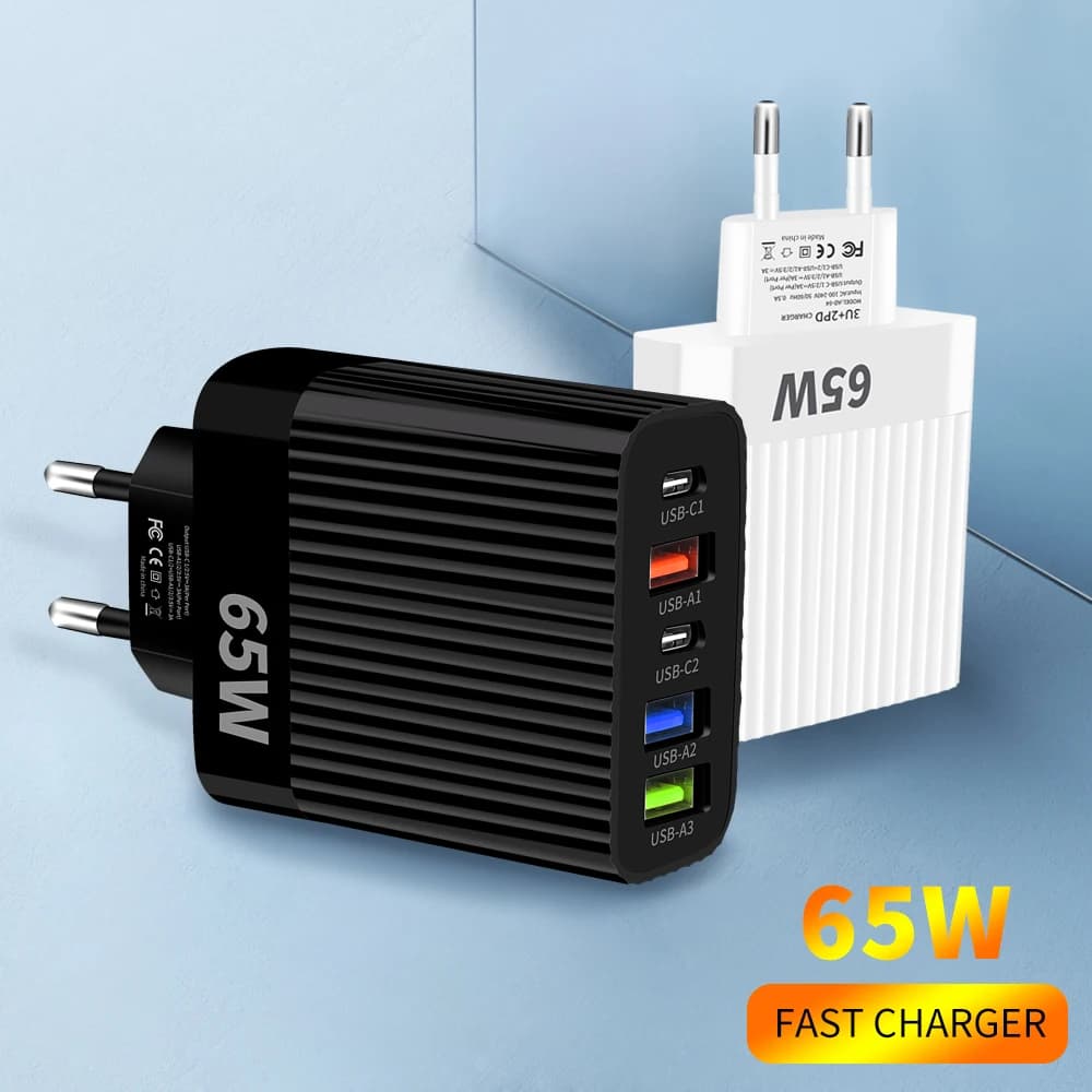 Adattatore di ricarica rapida USB C da 65W per cellulari, 5 porte, GaN, adattatore da parete per iPhone, Samsung, Xiaomi, ricarica rapida, spina EU/US