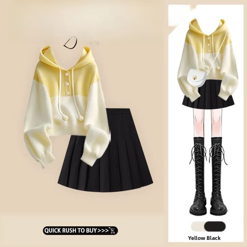 Completo due pezzi da donna taglie forti con felpa con cappuccio a maniche lunghe e gonna a vita alta, stile casual e alla moda per studentesse