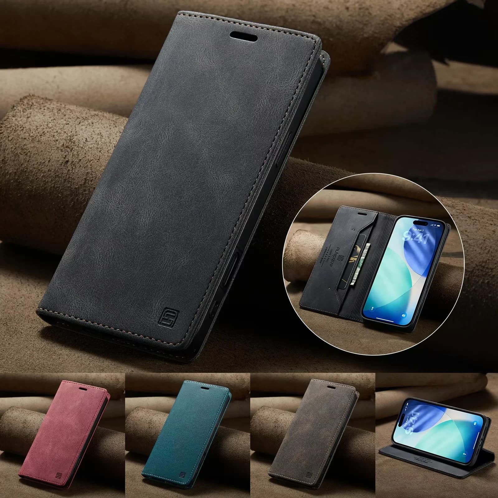 Leather Phone Case with Magnetic Vibration for iPhone 17 16 15 Pro Max 16E Air 14 Plus 13 12 11 Pro Max Slot for Cards Wallet Cover Purse