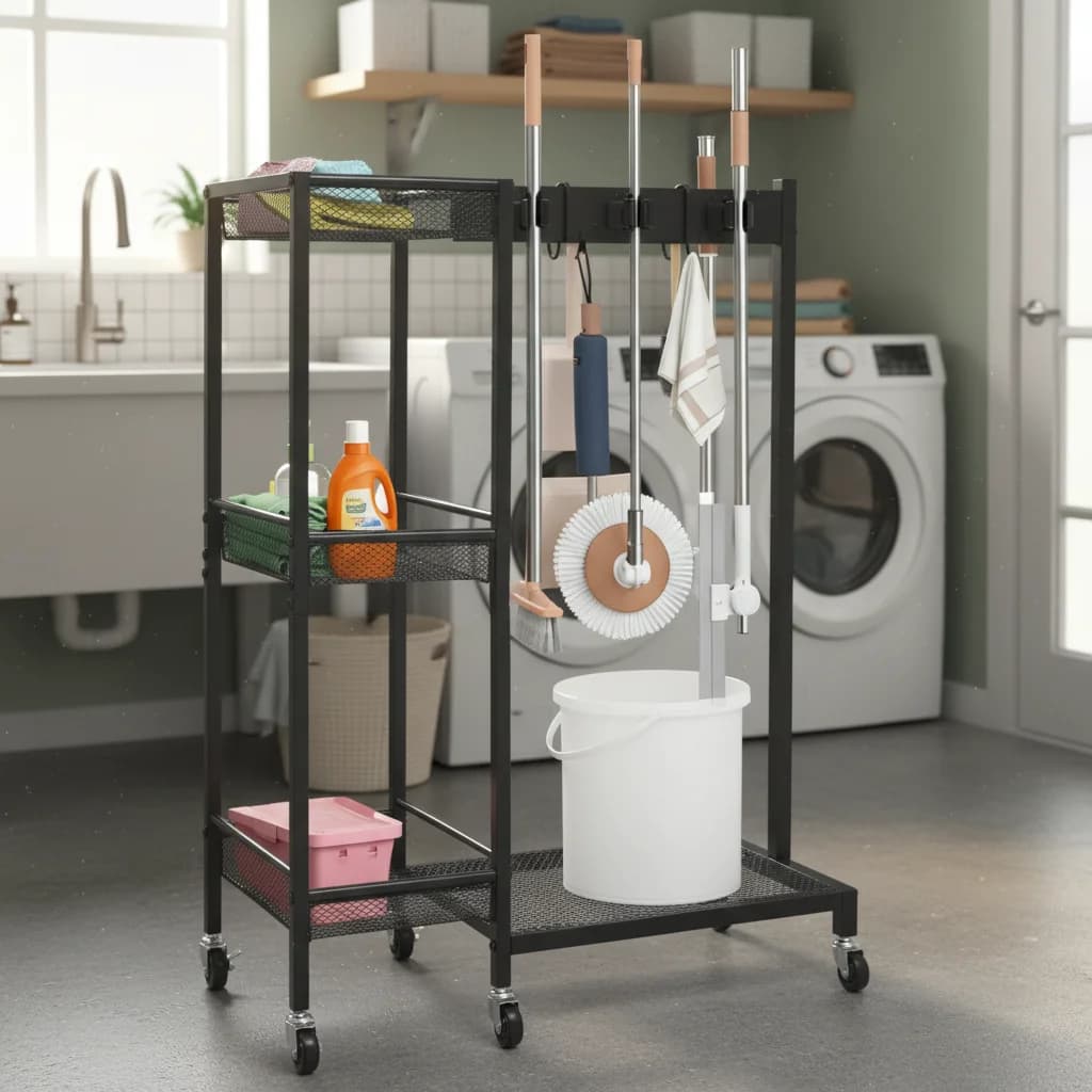 Carrello per Pulizie Mobile Robusto ed Efficiente con Ruote Bloccabili, Cesti Portaoggetti e Ganci per Mop, Scopa e Aspirapolvere
