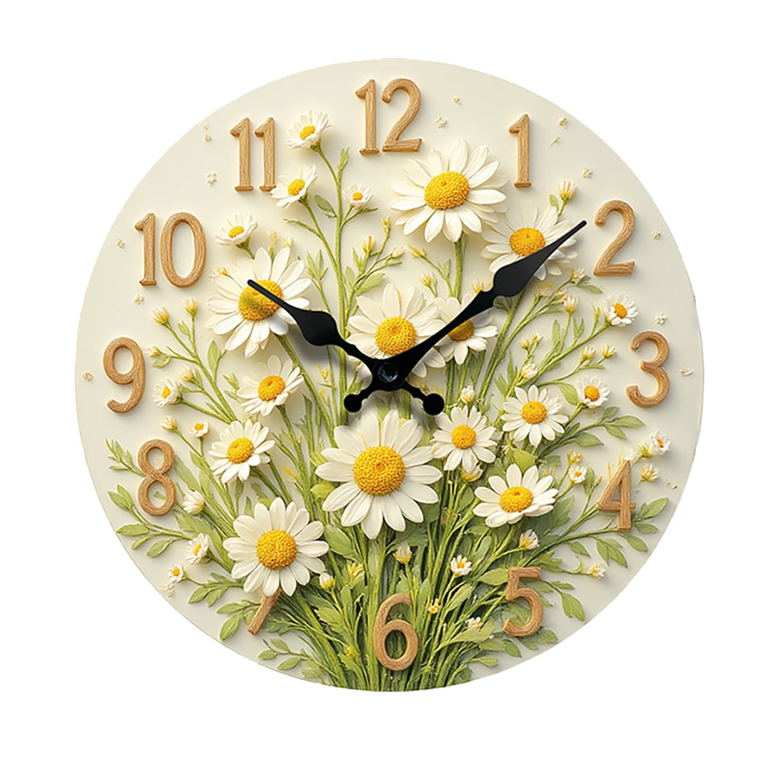 Floral Theme Wall Clock, 12-inch Round with Silent Quartz Movement, 3D Effect Design with Sunflower, Rose, Tulip, Margherita, Crisantemo