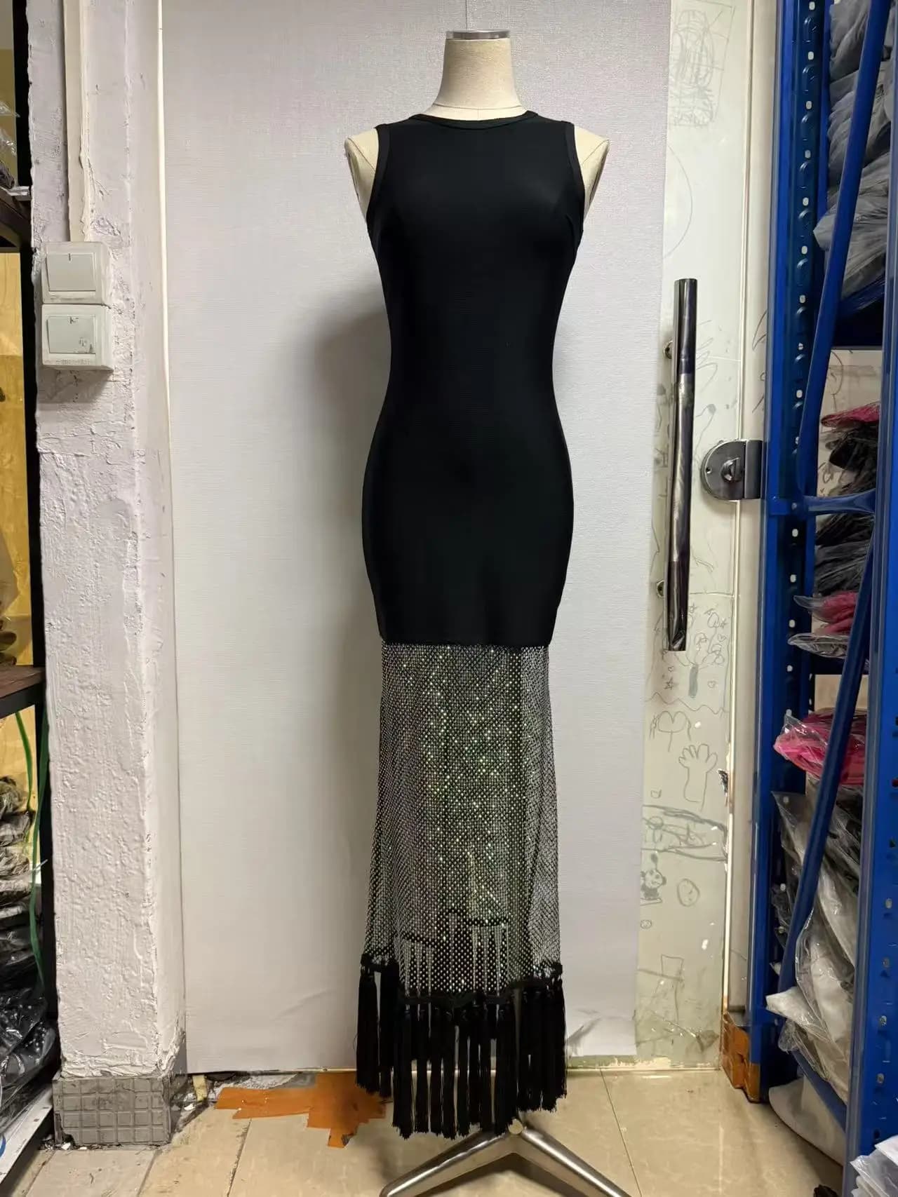 Nuove donne alla moda sexy senza maniche fasciatura nera patchwork strass abiti da festa di lusso glitter abito da sera cocktail compleanno