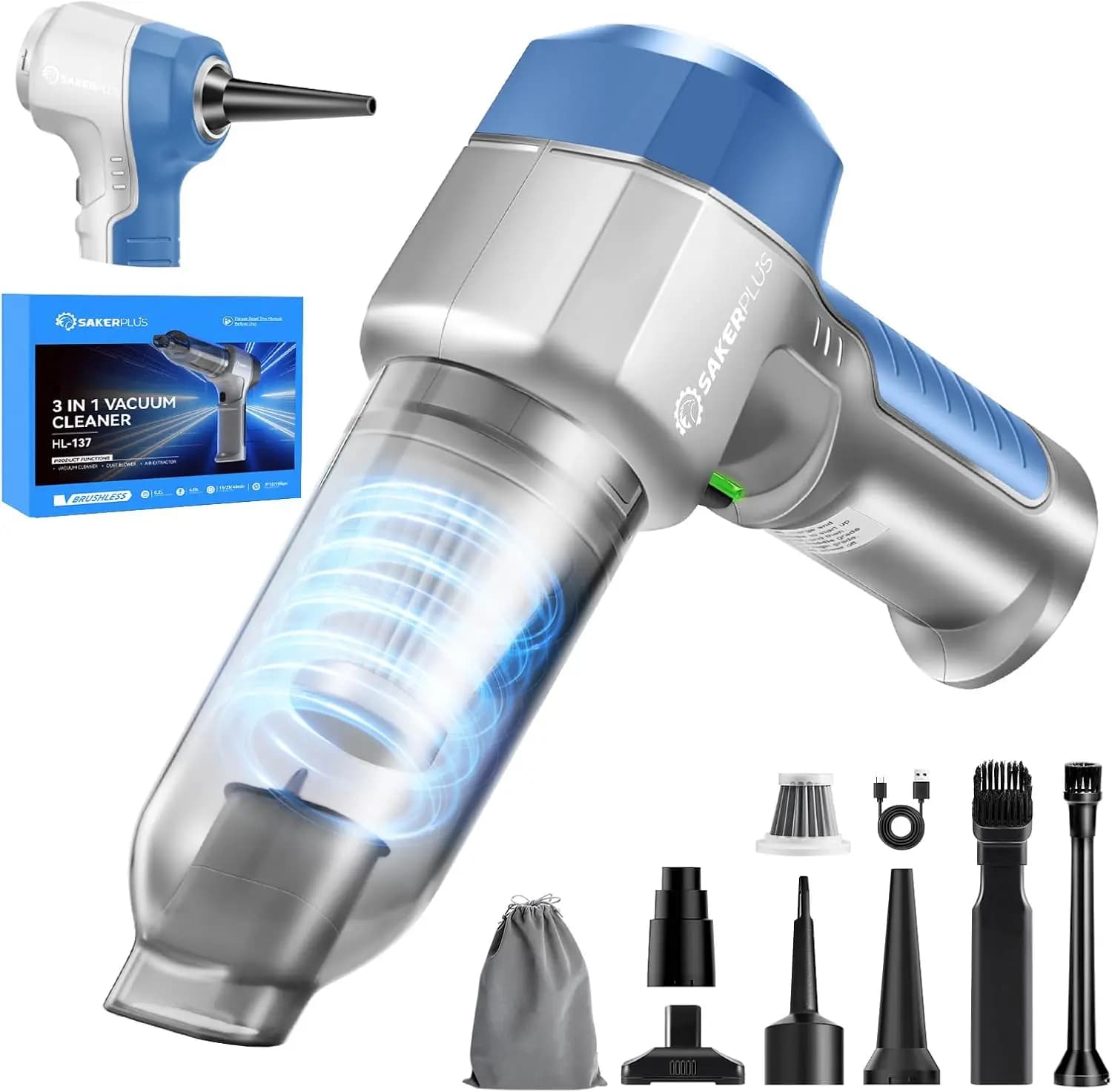 Mini aspirapolvere senza fili 3 in 1, aspirazione potente da 15000 PA, batteria da 7500 mAh, leggero per la pulizia di auto, casa e ufficio