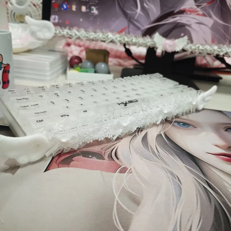 Cute Angel Wing Lace Keyboard Ribbon Bow Pearl Decor Strap Universal Mechanical Keyboard Front Edge Decoration Accessory