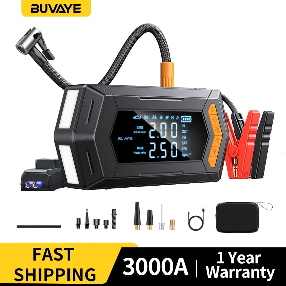 BUVAYE Car Jump Starter 3000A 12V Powerful Car Booster Battery Starter Powerbank 150PSI Air Compressor With Emergency Light