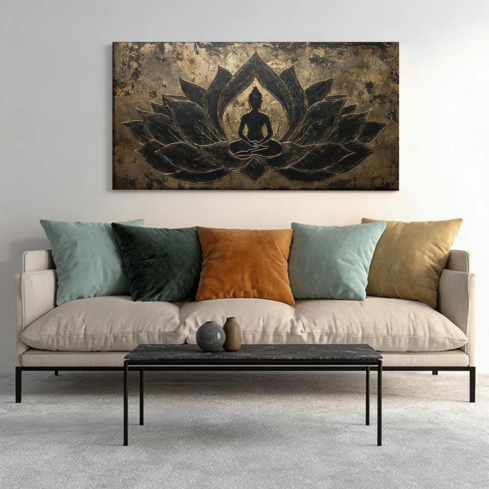 Set of 3 Squares on Canvas with Wooden Frame, Decoration with Meditating Figure, Lotus, Spiritual Elements for Corridor
