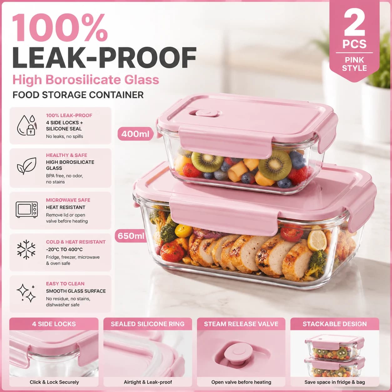Contenitore per Alimenti in Vetro Rosa - Vetro Borosilicato Spesso, Resistente agli Urti, Ermetico e Antisgocciolamento, Adatto al Microonde