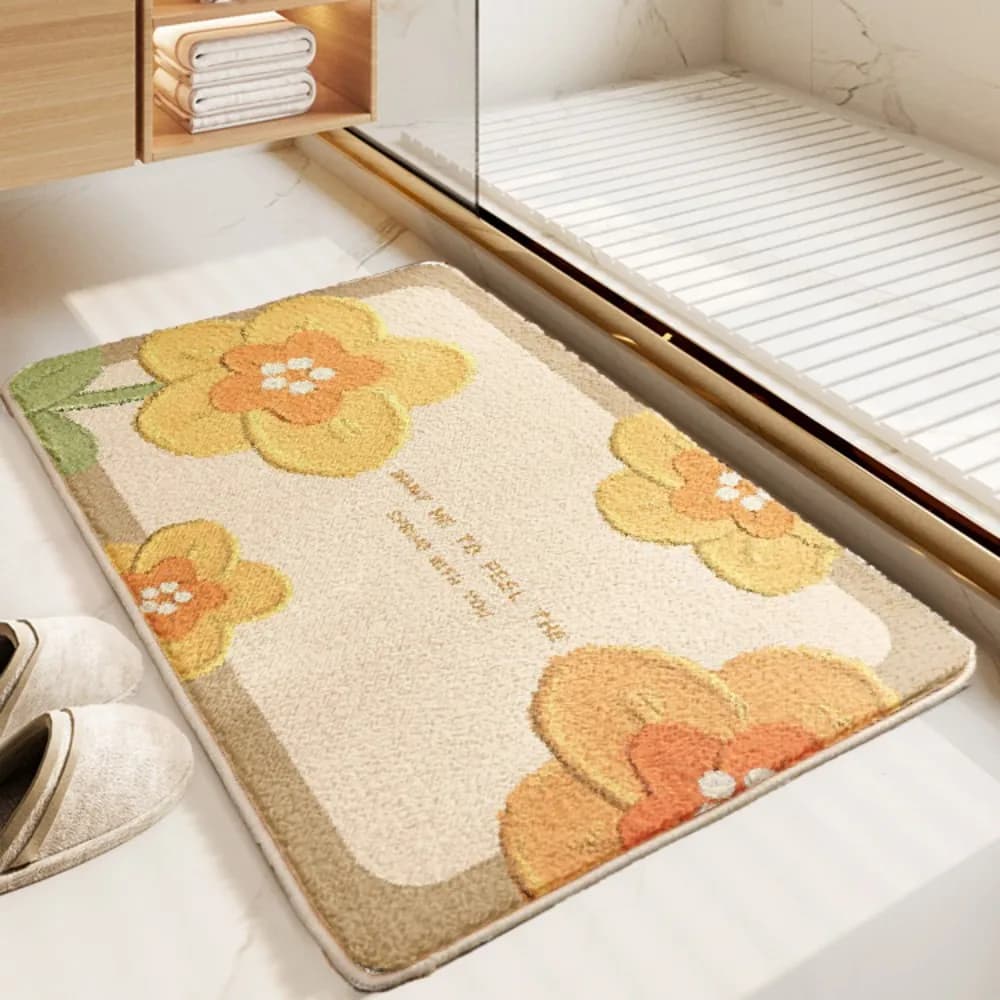 VIKAMA American Country Floral Bathroom Mat Off White With Brown Border Print Shower Room Floor Mat Home Decor Rug