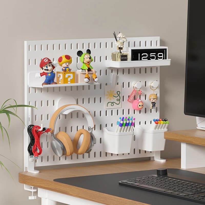 Organizer per pannelli forati da scrivania in plastica: archiviazione universale per ufficio/casa per mouse, tastiera e display da collezione, soluzione salvaspazio