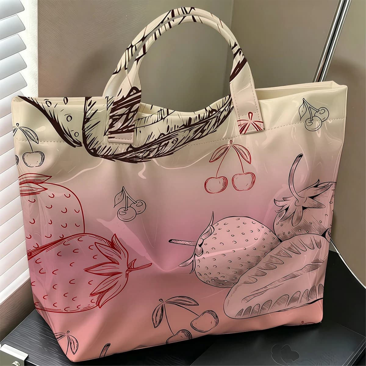 Sketch Strawberry Cherry Hot Sale Large Glossy PVC Tote Bag Hand Washable Waterproof for Travel Commute Makeup Storage Handbags