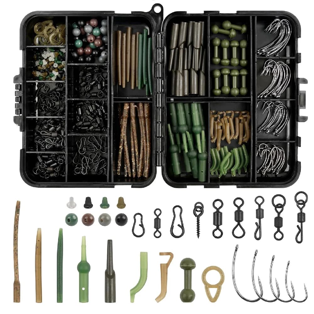 Kit da 330 pezzi per la creazione di rig da carpa pre-montati, scatola per attrezzatura da pesca alla carpa, include ami da carpa, clip di sicurezza, girelle e stop per boilies.