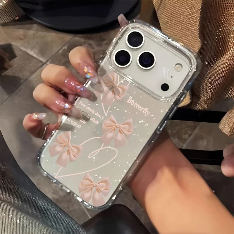 Beige Bow Heart Letter Glitter Clear TPU Soft Phone Case For iPhone 17 Pro Max 17Air 17E 16E 15 14 16 Pro 13 XS X12 11 XR Cover
