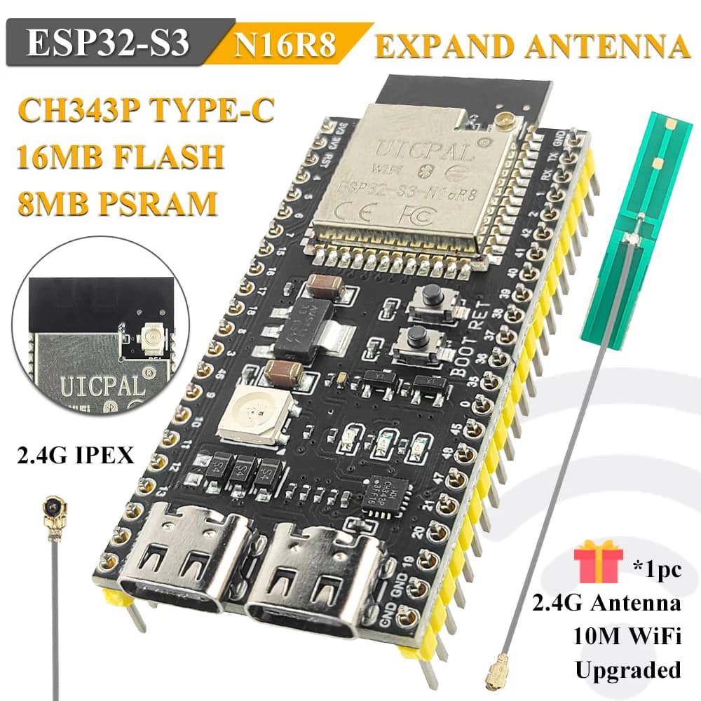Scheda di Sviluppo ESP32-S3 con Antenna Estesa, Modulo WiFi 2.4G per Arduino IDF AI IOT DIY ESP32-S3 N16R8 CH343 Type-C ESP32S3