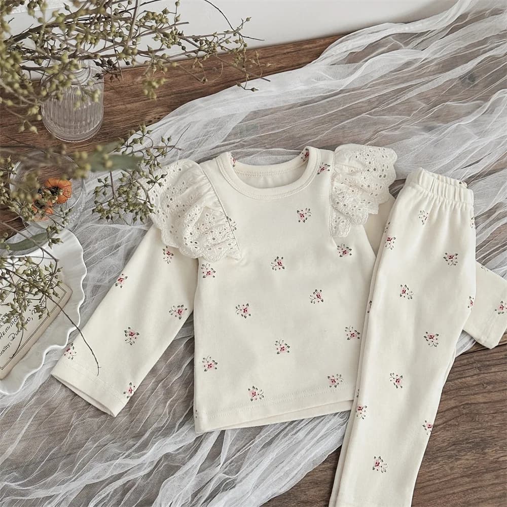 2025 Spring New Baby Long Sleeve Floral Dresses For Home Set Infant Girl Top in Lace + Pants 2 Pieces Baby Dress Cotton Maid Dresses