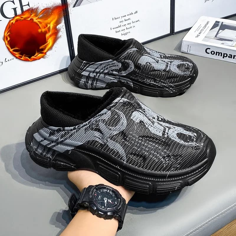 Cotton Slippers for Men, New Autumn and Winter Style, Indoor Home Thick-Soled, Fleece-Lined, Warm, Non-Slip, Waterproof, Closed-Toe Cotton Shoes