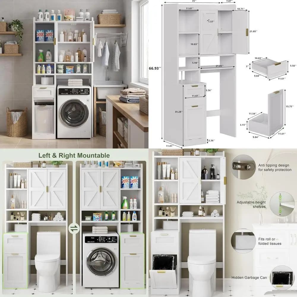 Space-Saving Toilet Storage Cabinet with Odor-Proof Trash Bin & Toilet Paper Holder, Multi-Functional Bathroom Organizer, White
