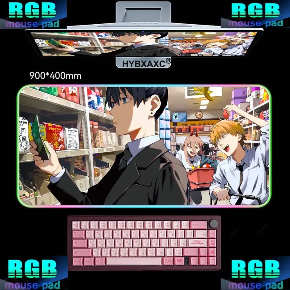 Tappetino per Mouse da Gioco HYBXAXC Denji RGB, Tappetino XXL con Illuminazione LED HD, Anime Giapponese C-Chain Saw Man