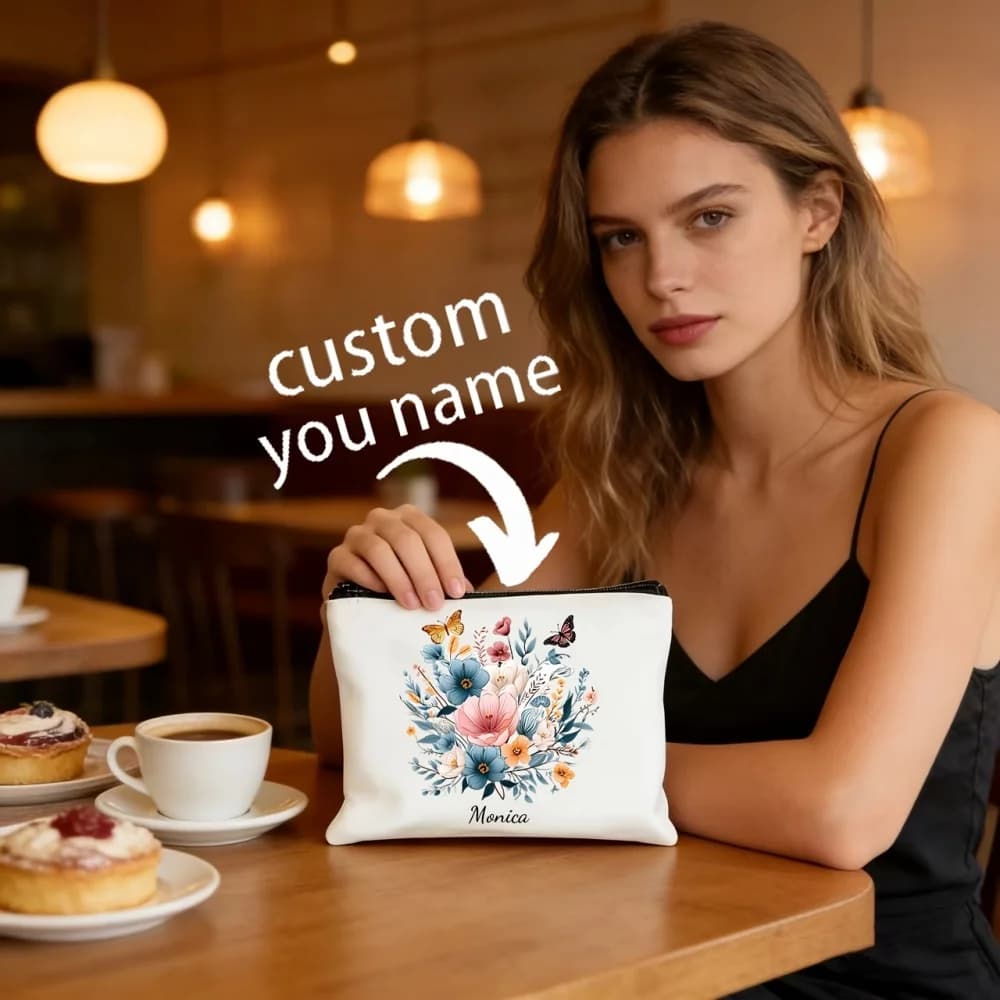 Personalized Custom Name Canvas Makeup Bag Floral Butterfly Print Zipper Pouch Mult‑Purpose Travel Cosmetic Storage Pouch Gift