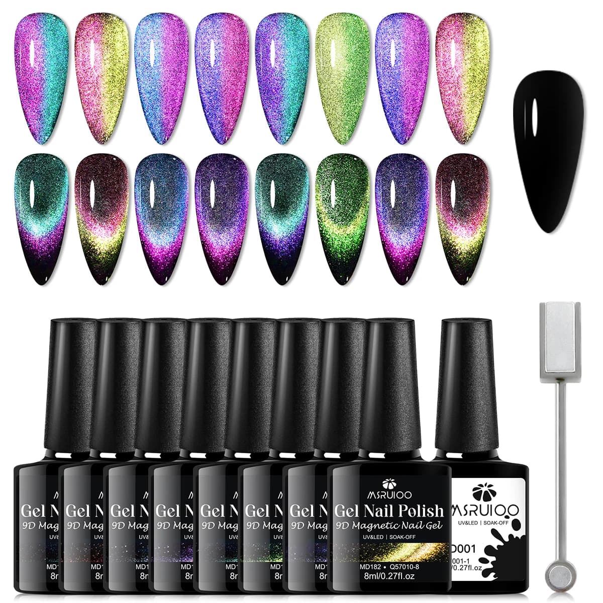 Set di 10 Smalti Gel Magnetici 9D Rainbow Cat da 8ml, Smalto Semipermanente Laser UV per Nail Art, Forniture per Unghie Fai-da-Te